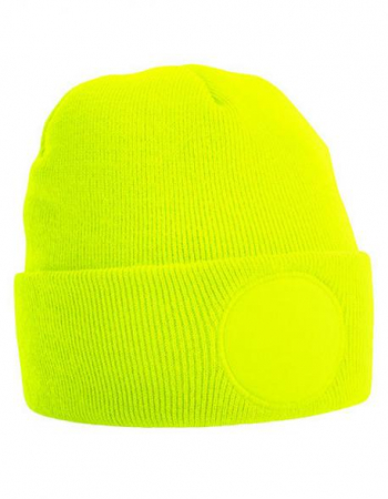 Beanie Neon Yellow / Baumwoll-Twill-Patch *rund*